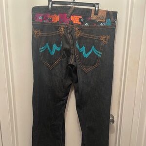 Vtg 2000s Y2K 90s Imperial Junkie “Rock On” Embroidered Jeans Hip Hop Blue Sz